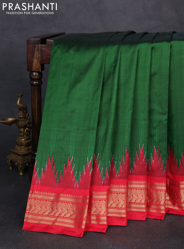 Pochampally silk saree bottle green and red with plain body and temple design zari woven border