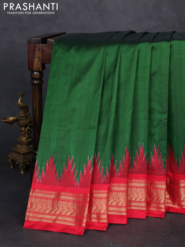 Pochampally silk saree bottle green and red with plain body and temple design zari woven border