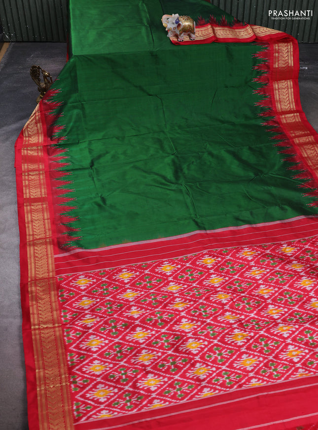Pochampally silk saree bottle green and red with plain body and temple design zari woven border