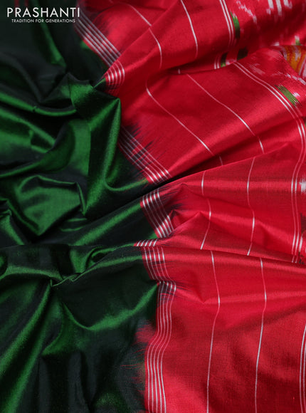 Pochampally silk saree bottle green and red with plain body and temple design zari woven border