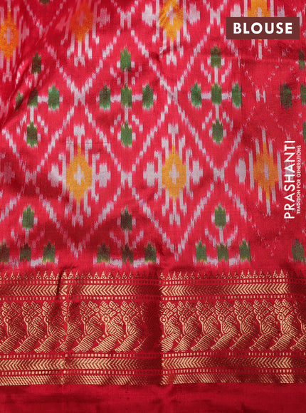 Pochampally silk saree bottle green and red with plain body and temple design zari woven border