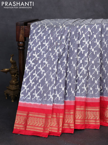 Pochampally silk saree grey and red with allover ikat weaves and zari woven border