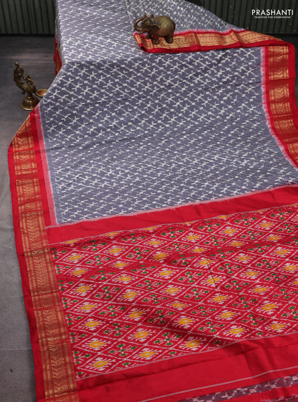 Pochampally silk saree grey and red with allover ikat weaves and zari woven border