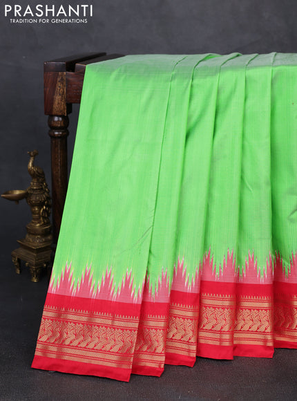 Pochampally silk saree parrot green and red with plain body and temple design zari woven border