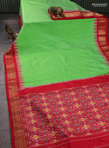 Pochampally silk saree parrot green and red with plain body and temple design zari woven border
