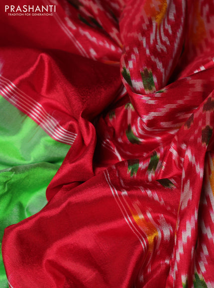 Pochampally silk saree parrot green and red with plain body and temple design zari woven border