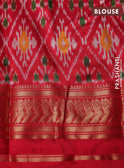 Pochampally silk saree parrot green and red with plain body and temple design zari woven border
