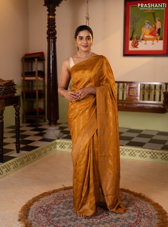 Banarasi semi raw silk saree mustard yellow with allover thread & zari weaves and woven border