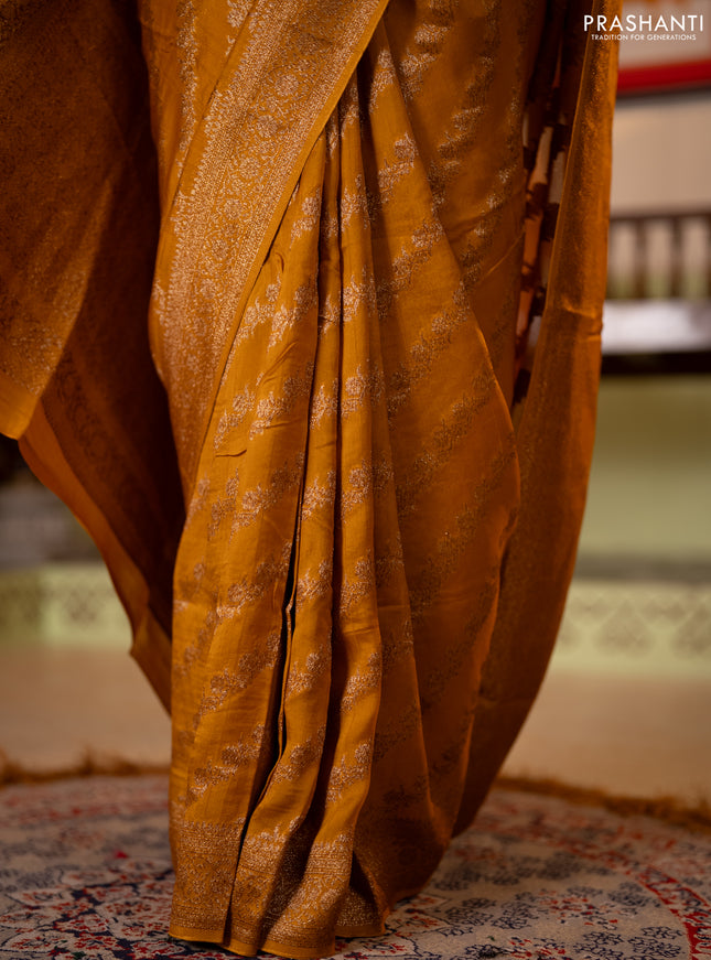 Banarasi semi raw silk saree mustard yellow with allover thread & zari weaves and woven border