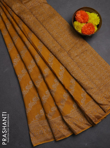 Banarasi semi raw silk saree mustard yellow with allover thread & zari weaves and woven border