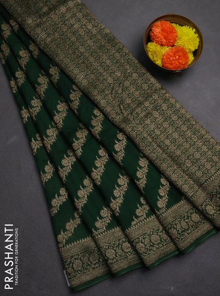 Banarasi semi raw silk saree bottle green with allover thread & zari weaves and woven border