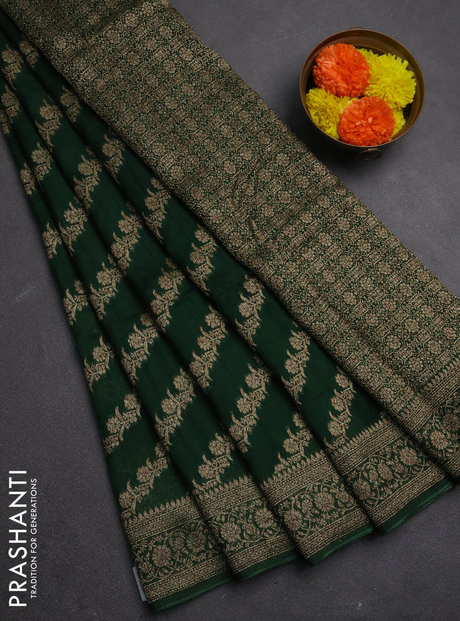 Banarasi semi raw silk saree bottle green with allover thread & zari weaves and woven border