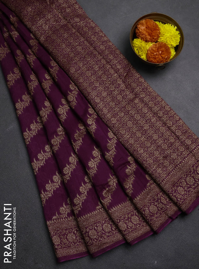 Banarasi semi raw silk saree purple with allover thread & zari weaves and woven border