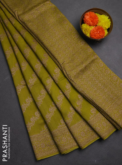 Banarasi semi raw silk saree lime green with allover thread & zari weaves and woven border