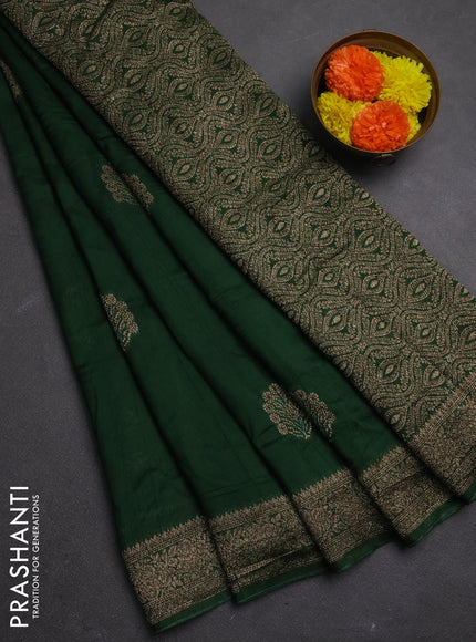 Banarasi semi raw silk saree bottle green with allover thread & zari woven buttas and woven border