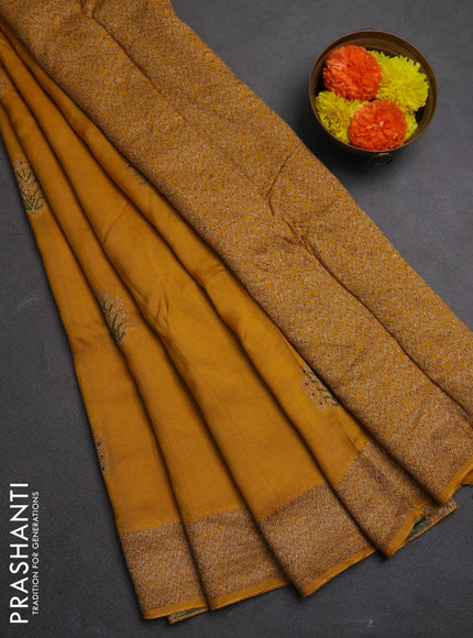 Banarasi semi raw silk saree mustard yellow with allover thread & zari woven buttas and woven border