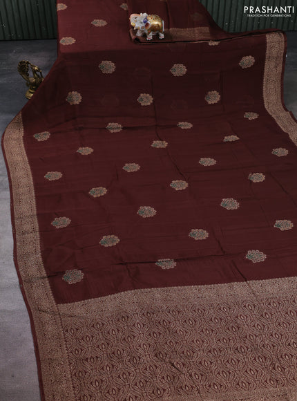 Banarasi semi raw silk saree coffee brown with allover thread & zari woven buttas and woven border