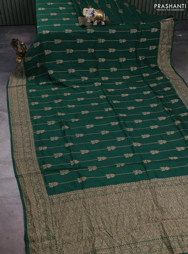 Banarasi semi raw silk saree bottle green with allover thread & zari weaves and woven border
