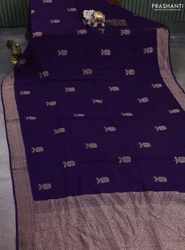 Banarasi semi raw silk saree violet with allover thread & zari woven buttas and woven border