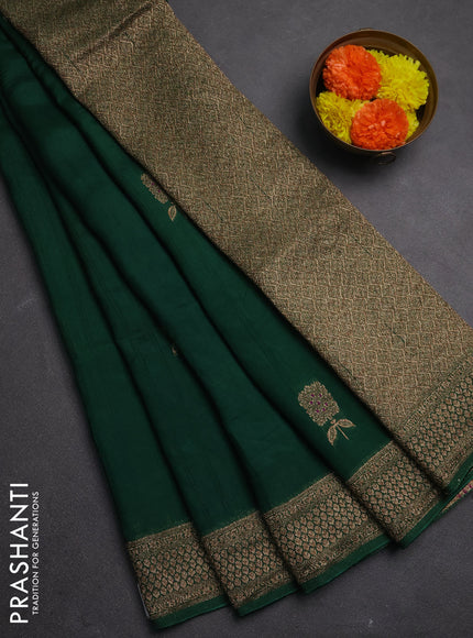 Banarasi semi raw silk saree bottle green with allover thread & zari woven buttas and woven border