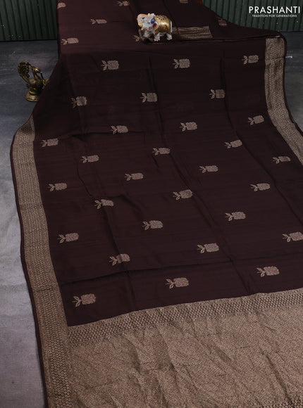 Banarasi semi raw silk saree coffee brown with allover thread & zari woven buttas and woven border