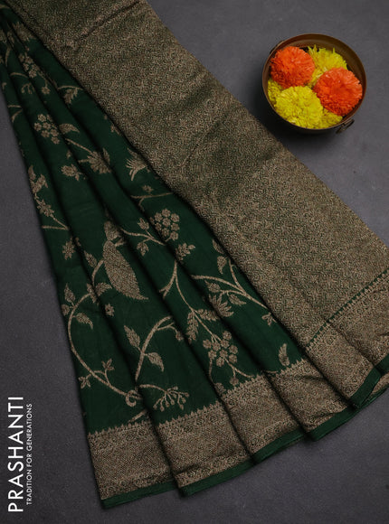 Banarasi semi raw silk saree bottle green with allover thread & zari weaves and woven border