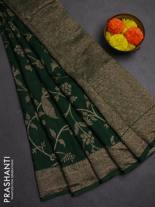 Banarasi semi raw silk saree bottle green with allover thread & zari weaves and woven border