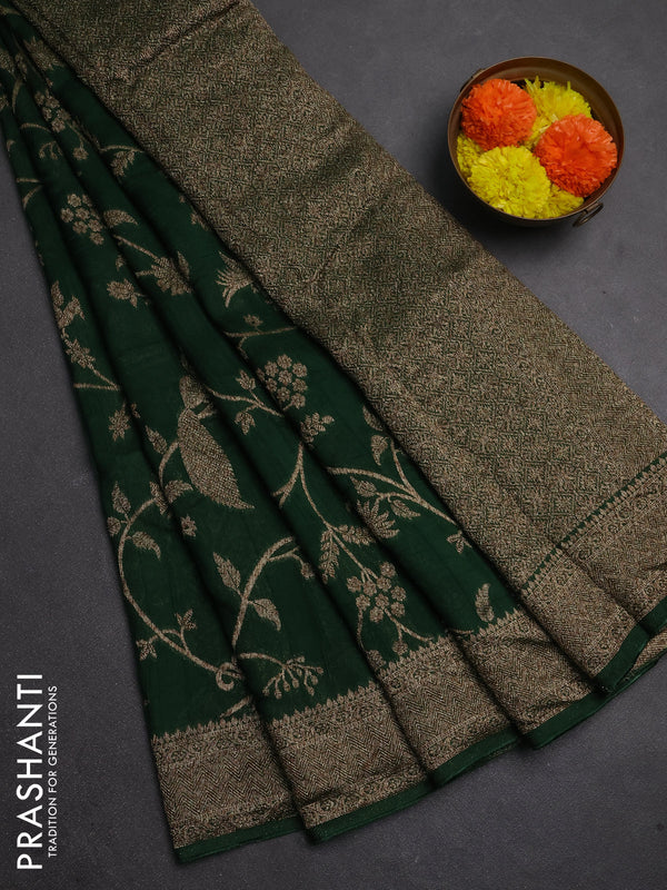 Banarasi semi raw silk saree bottle green with allover thread & zari weaves and woven border