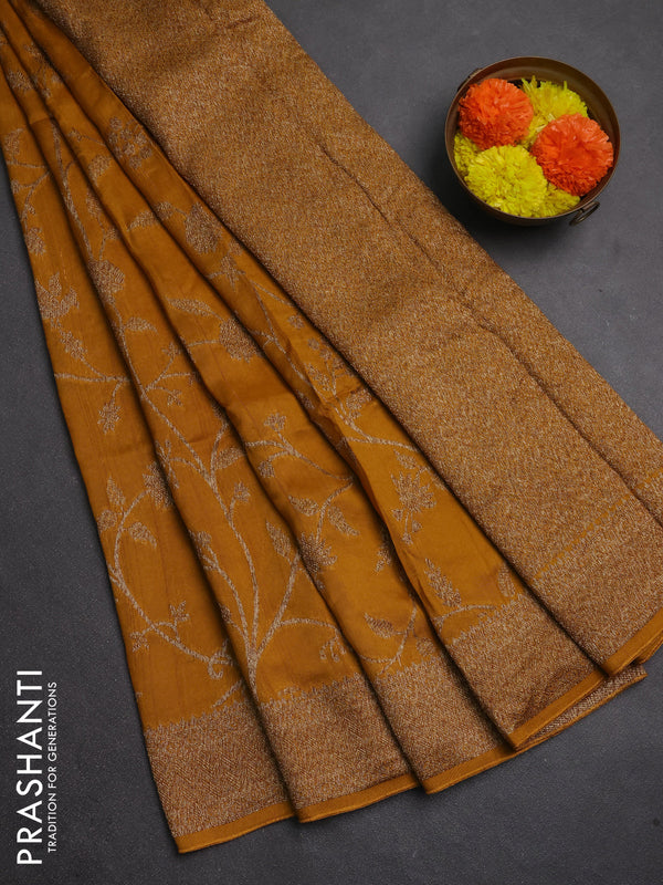 Banarasi semi raw silk saree mustard yellow with allover thread & zari weaves and woven border