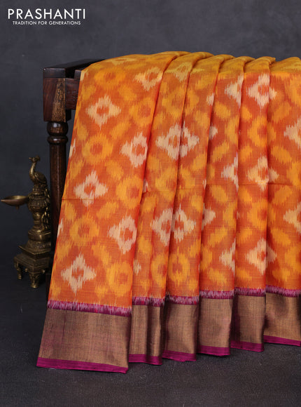 Ikat silk cotton saree orange and dark pink with allover ikat weaves and zari woven border