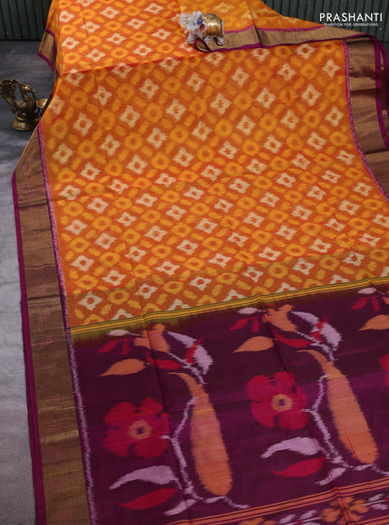 Ikat silk cotton saree orange and dark pink with allover ikat weaves and zari woven border