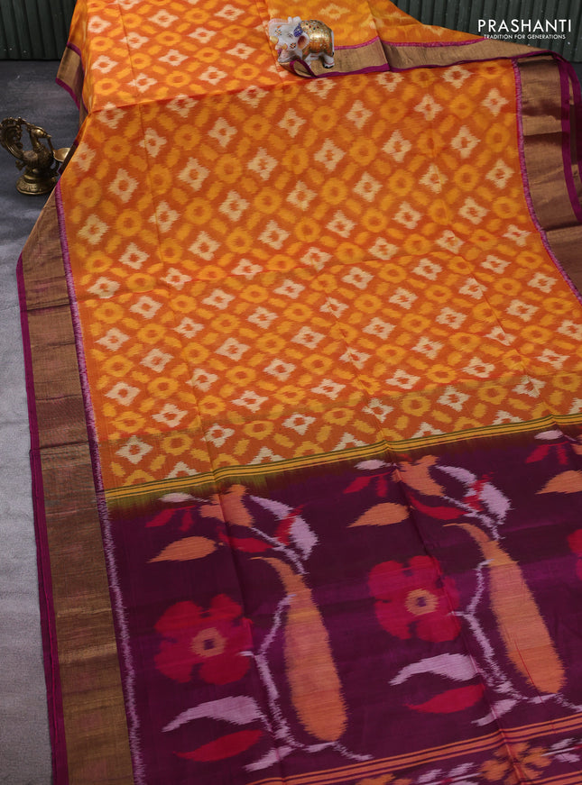 Ikat silk cotton saree orange and dark pink with allover ikat weaves and zari woven border