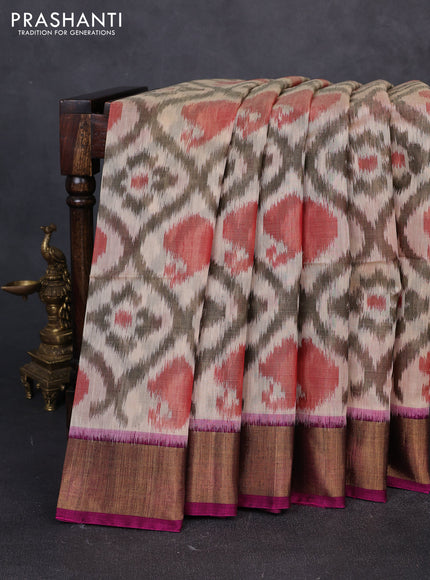 Ikat silk cotton saree cream grey and pink with allover ikat weaves and zari woven border