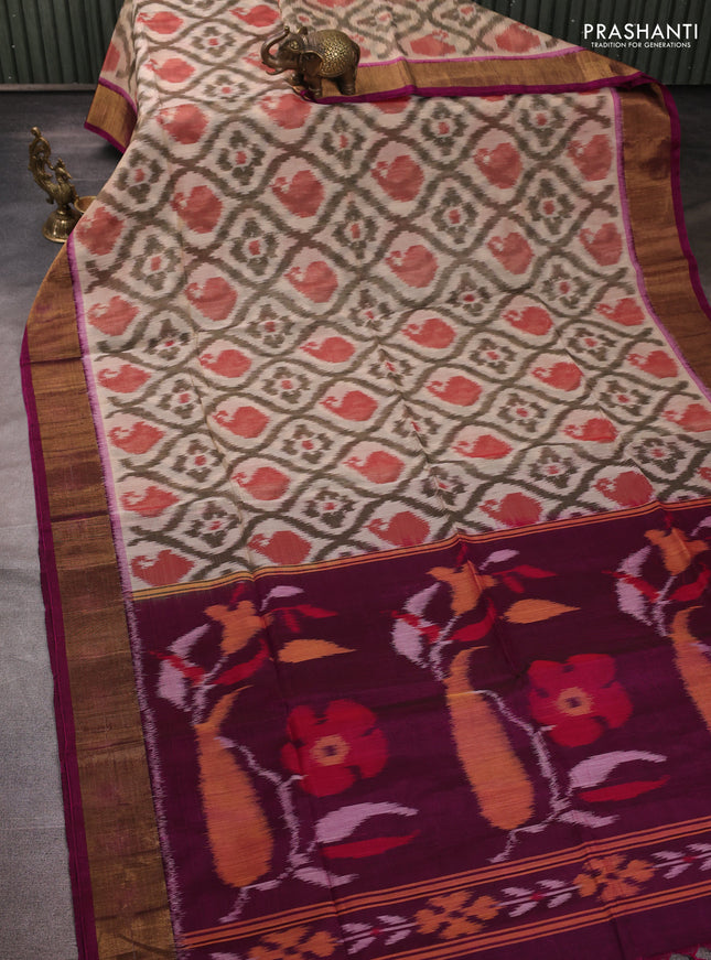 Ikat silk cotton saree cream grey and pink with allover ikat weaves and zari woven border