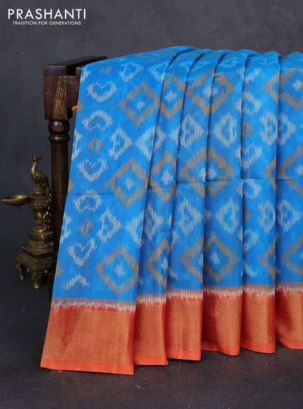 Ikat silk cotton saree cs blue and orange with allover ikat weaves and zari woven border