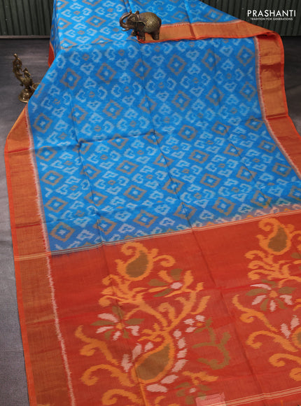 Ikat silk cotton saree cs blue and orange with allover ikat weaves and zari woven border