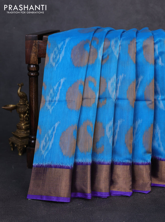 Ikat silk cotton saree cs blue and violet with allover ikat weaves and zari woven border