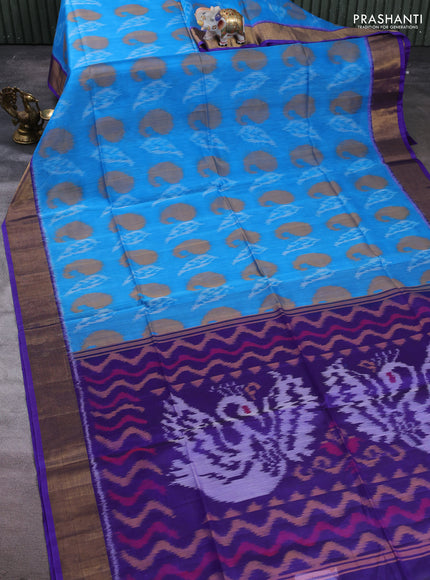 Ikat silk cotton saree cs blue and violet with allover ikat weaves and zari woven border
