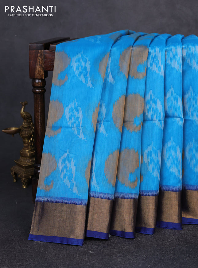 Ikat silk cotton saree cs blue and blue with allover ikat weaves and zari woven border