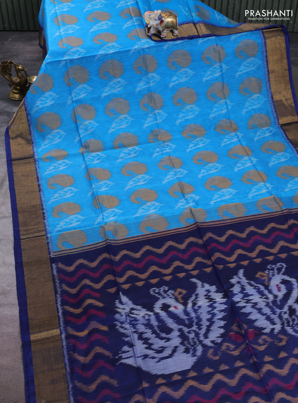 Ikat silk cotton saree cs blue and blue with allover ikat weaves and zari woven border