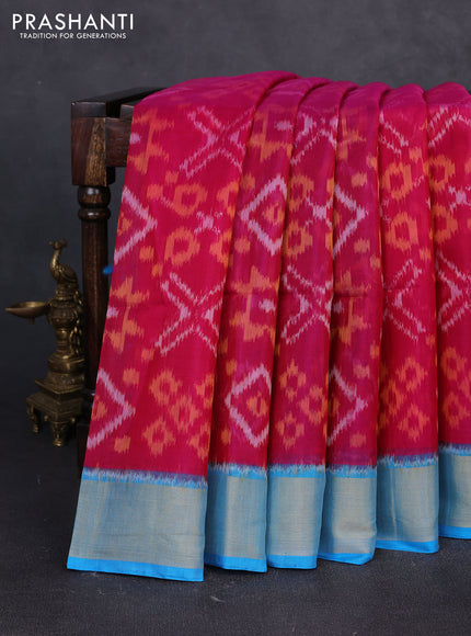 Ikat silk cotton saree pink and cs blue with allover ikat weaves and zari woven border