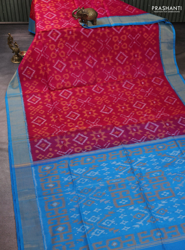 Ikat silk cotton saree pink and cs blue with allover ikat weaves and zari woven border