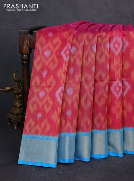 Ikat silk cotton saree pink and cs blue with allover ikat weaves and zari woven border