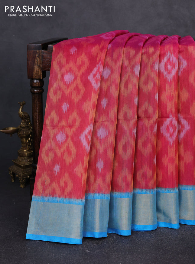Ikat silk cotton saree pink and cs blue with allover ikat weaves and zari woven border