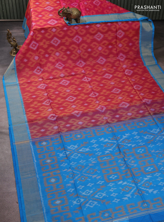 Ikat silk cotton saree pink and cs blue with allover ikat weaves and zari woven border