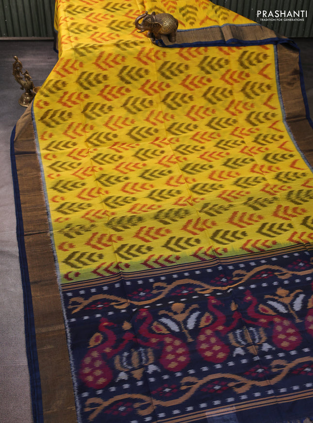 Ikat silk cotton saree yellow and peacock blue with allover ikat weaves and zari woven border