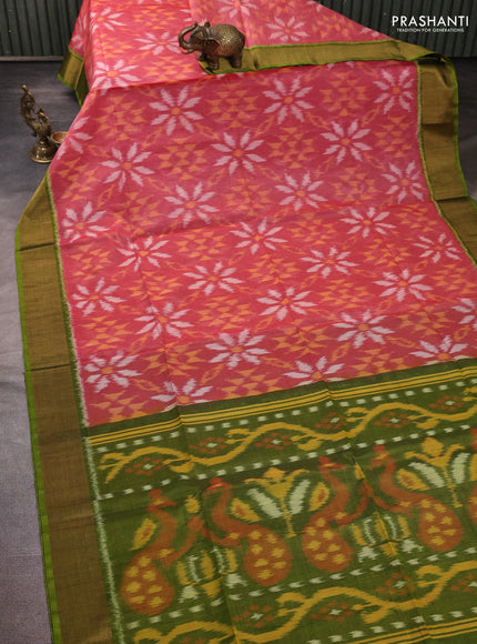Ikat silk cotton saree red and light green with allover ikat weaves and zari woven border
