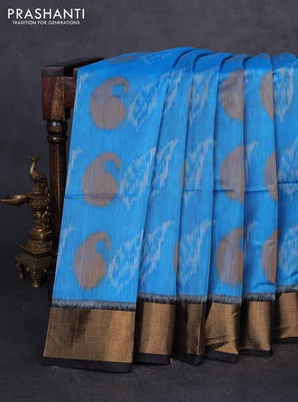 Ikat silk cotton saree cs blue and black with allover ikat weaves and zari woven border