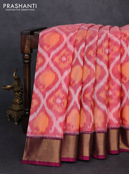 Ikat silk cotton saree peach maroon and dark magenta with allover ikat weaves and zari woven border