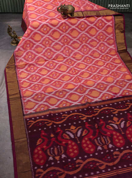 Ikat silk cotton saree peach maroon and dark magenta with allover ikat weaves and zari woven border